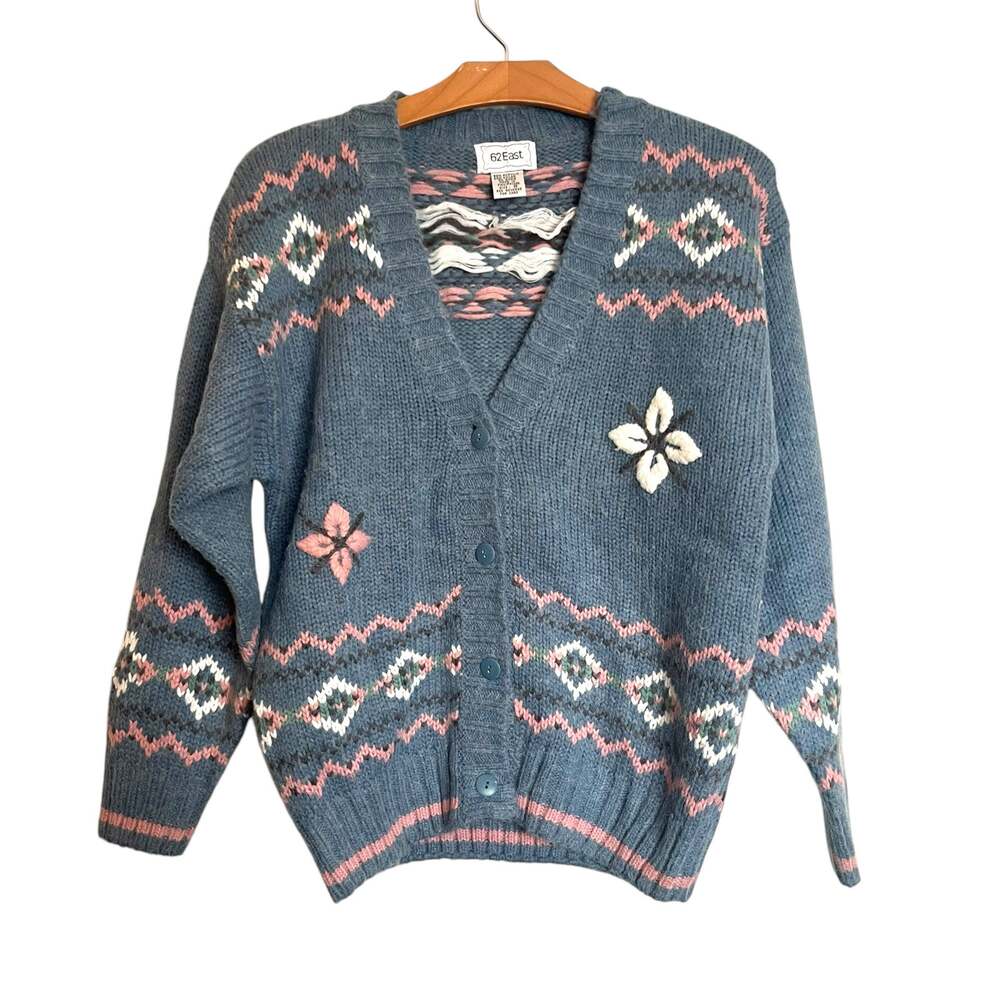 62East Vintage Fair Isle Cardigan Button Granny Sweater Blue Pink Floral Size S